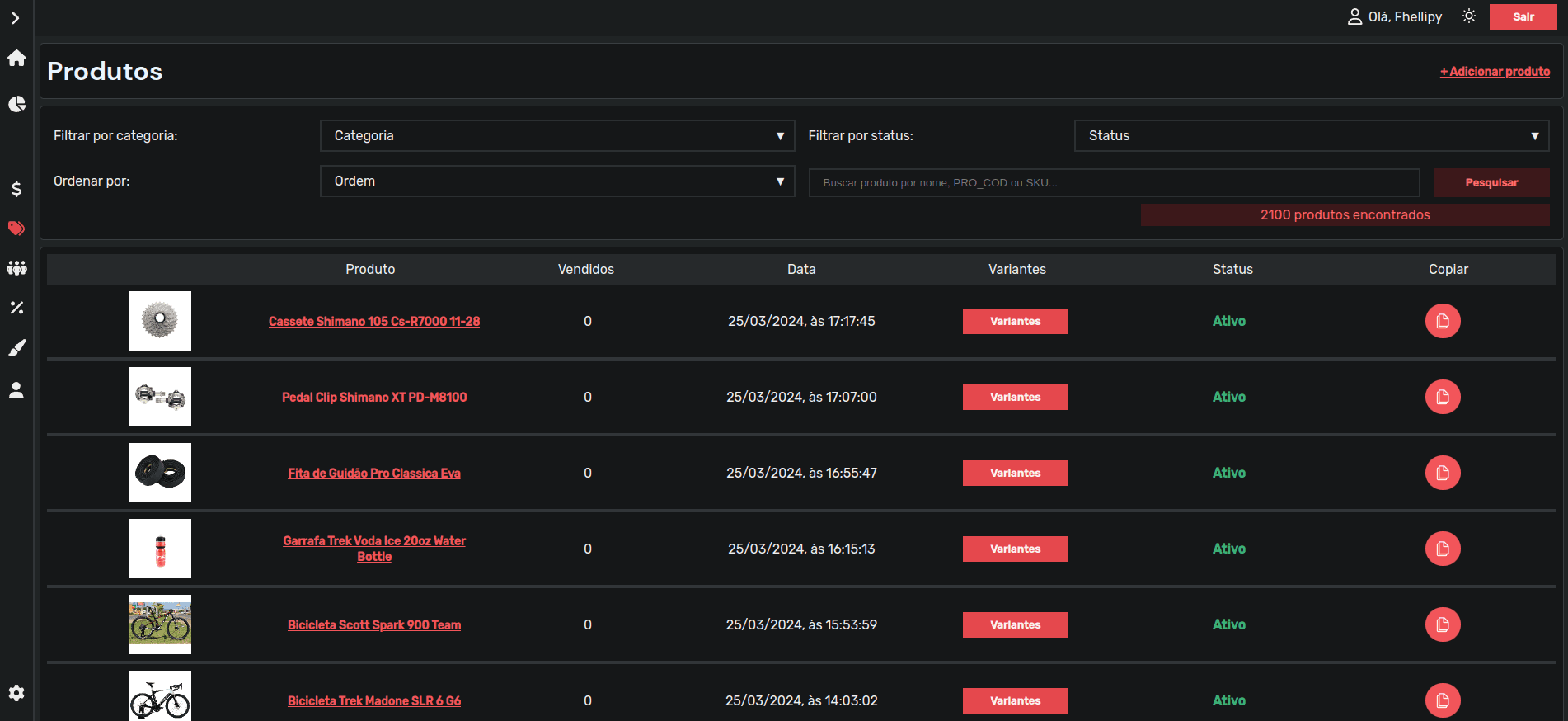Imagem dos produtos do Ecommerce admin em darkmode