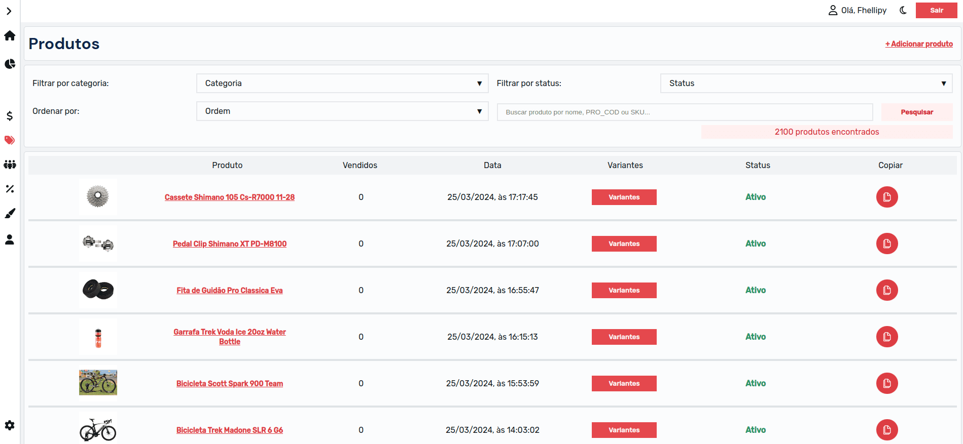 Imagem dos produtos do Ecommerce admin em lightmode